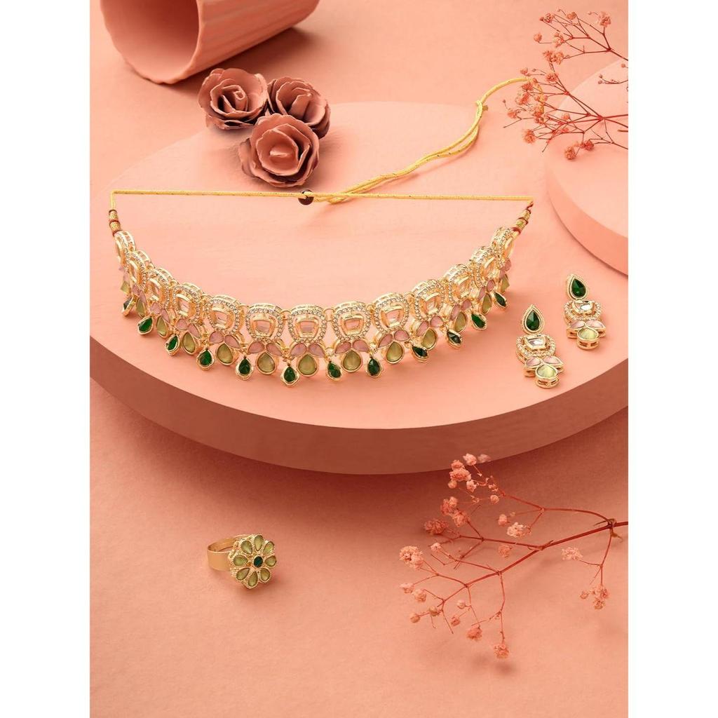 Green Pink Stones Austrian Diamonds Embellished Choker Necklace Earring & Ring Set For Women