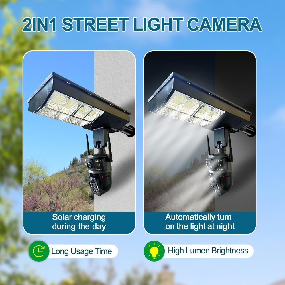 Solar Street Light Three Screen Monitoring Camera, Outdoor Day and Night Full-color Mobile Phone Remote Wireless Camera