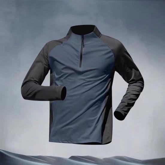 Men Summer Sports T-shirt Half Zipper Stand Collar Contrast Color Long Sleeves Loose Casual Soft Breathable Mid Length Men Daily Running Fitness Shirt