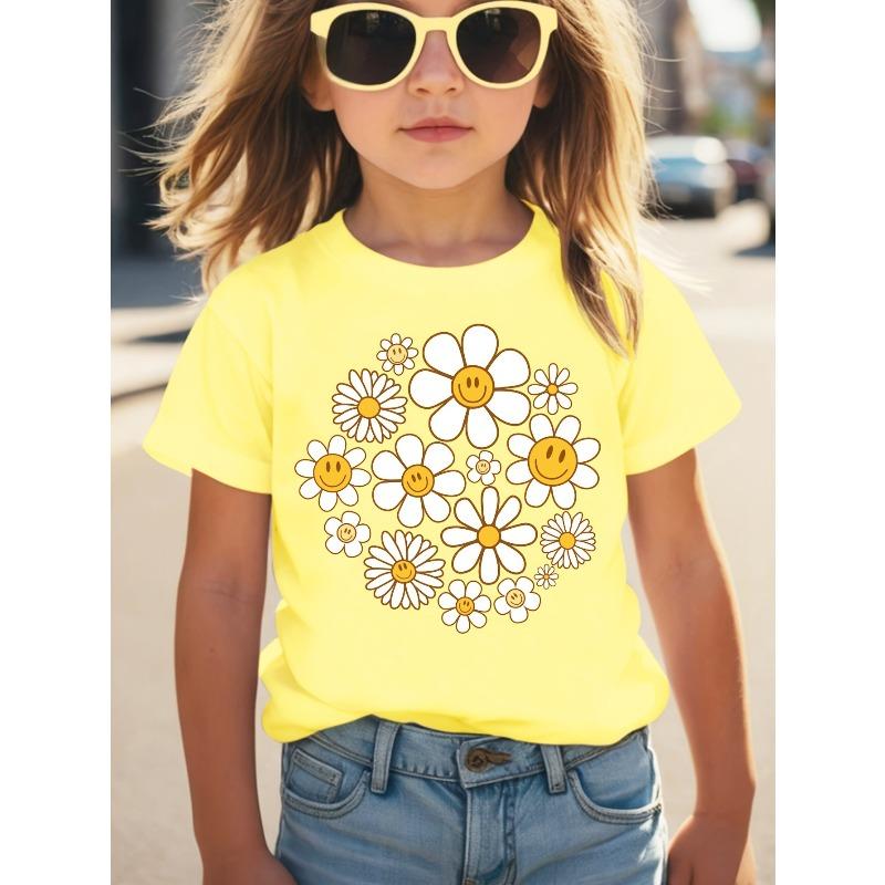 Girl Sunflower Daisy Print Creative Casual Crew Neck T-Shirt Tween Girl Clothes