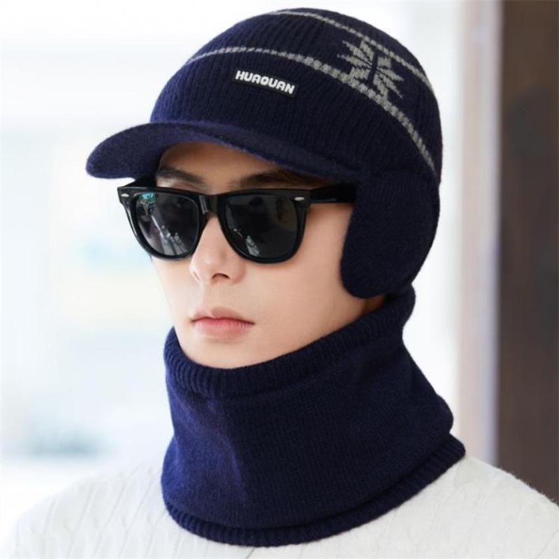 Мужская зимняя вязаная шапка и толстые наушники с теплым ветрозащитным шарфом для езды на велосипеде на открытом воздухе