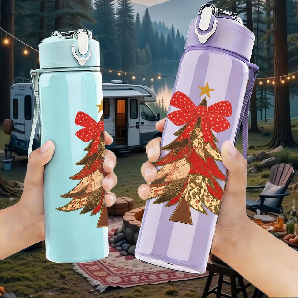 1PC Christmas Pine Tree 750ml Color Plastic Sports Water Bottle Leakproof Flip Straw Lid Suitable for Sports Office Home Use