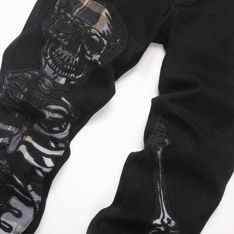 Black High Street Youth Skinny Fit Flared Jeans With Skull Embroidery Patch Slim Leg Denim Pants Men