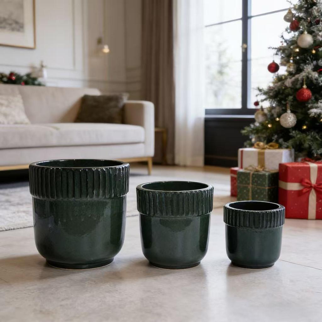 Handmade Ceramic Plant Pot Set 3-Piece (diameter 38/30.5/23 cm), Glossy Dark Green with Vertical Groove Trim, Frost-Resistant, with Drainage Holes