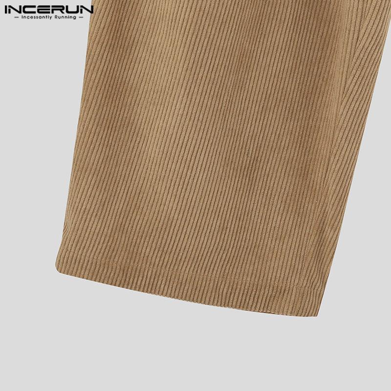 INCERUN Men Lapel V Neck Long Sleeve Corduroy Jumpsuits Buttons Long Rompers