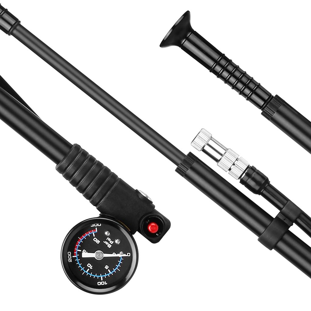 Shock Pump High Pressure 300 PSI Air Pump Presta Schrader Valve Mountain Road Bike Pump with Gauge