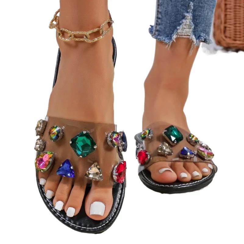 Модная женская обувь 2024 года, новые женские тапочки с открытым носком, летние, со стразами, прозрачные, сплошная подошва, легкие, повседневные, удобные тапочки