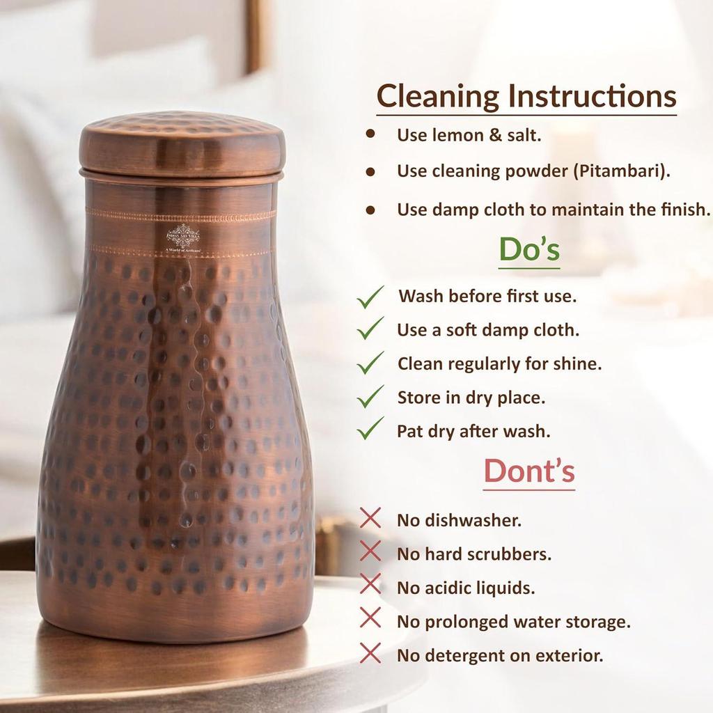 Pure Copper Bedroom Water Bottle with Inbuilt Glass, Hammered Antique Design, Volume 900 Ml (Pack of 2)