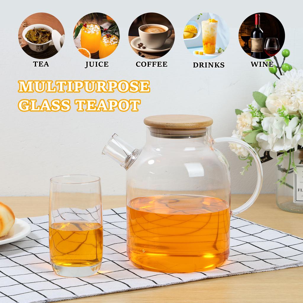 Glass Pitcher with Bamboo Lid 1800ml Glass Water Pitcher Multifunctional Heat Resistant Glass Jug with Handle for Hot Cold Tea