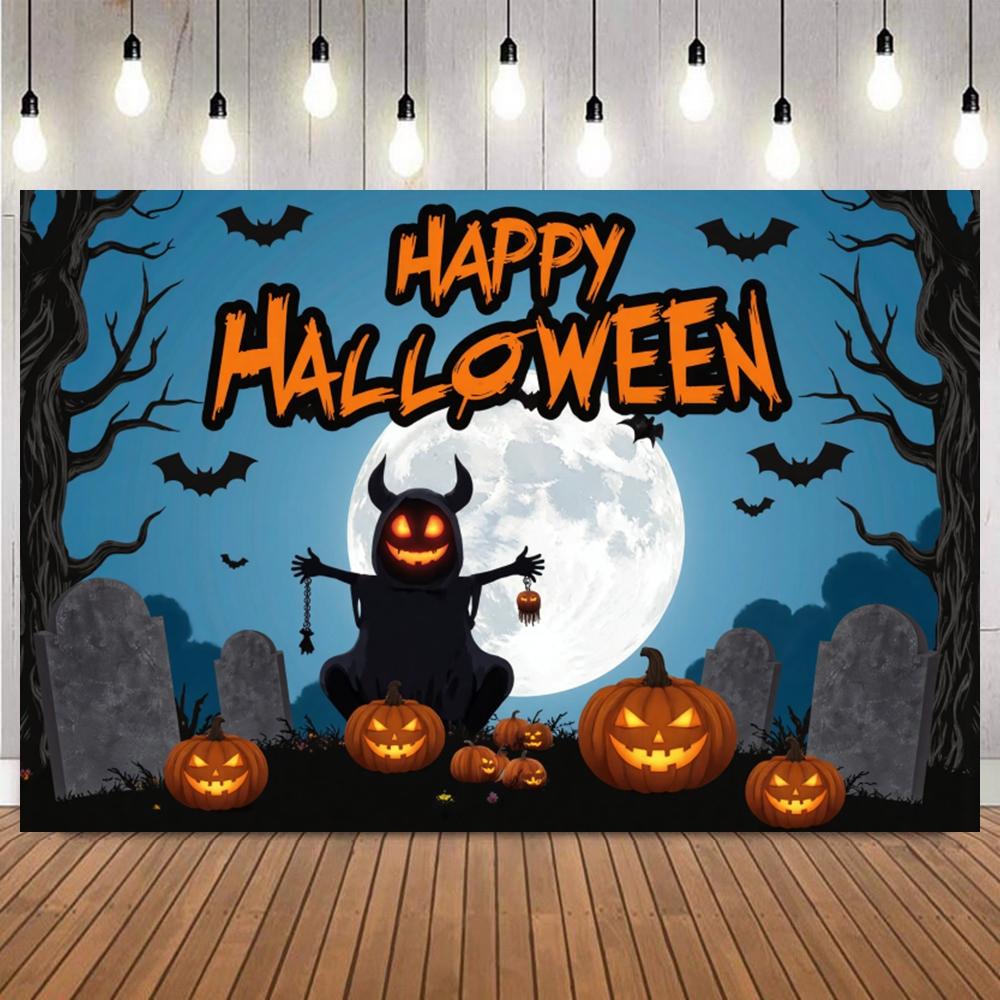 Cartoon Halloween Photo Background Tombstone Full Moon Ghost Pumpkin Lantern Adult Kids Party Deco Photography Backdrop Props