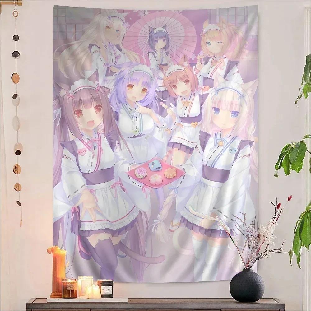 Neko Maid Tapestry, Chocola Vanilla Azuki Coconut Print Polyester Wall Hanging, Kawaii Otaku Decor For Bedroom & Living Room
