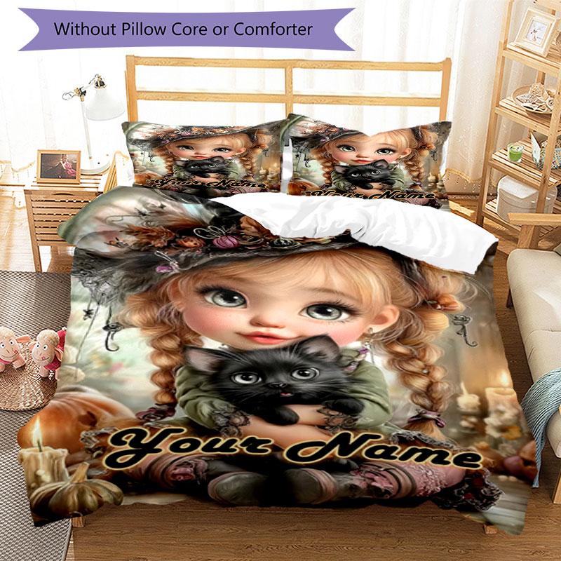 3pcs Custom Name Magical Halloween Whimsy Bedding Set Printed Bedding Set Duvet Cover Closure Includes 1 Duvet Cover & 2 Pillowcases Bedroom Decor