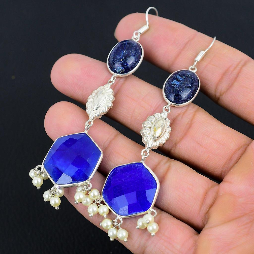 Hexagon Blue Sapphire Gemstone Dangle Drop Earrings Jewelry 925 Sterling Silver