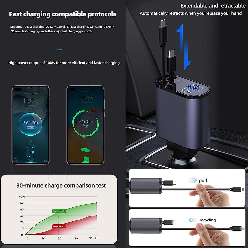 120W 4 IN 1 Retractable Car Charger USB Type C Cable For IPhone Fast Charge Cord Cigarette Lighter Adapter