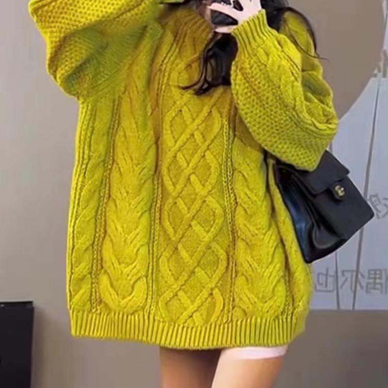 Large Thick Thread Twist Sweater Women's Thickened Medium and Long Autumn and Winter Loose Lazy Wind Knitted Jacket Top