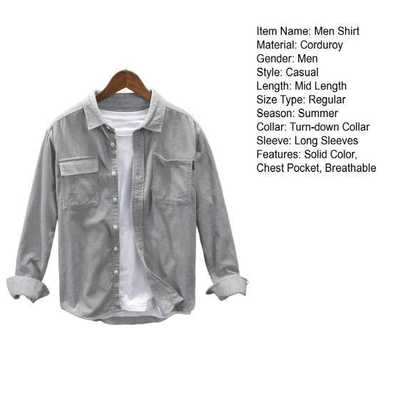 Весенняя мужская рубашка-карго, однобортная, свободная, однотонная, с длинными рукавами, нагрудными карманами, кардиган с отложным воротником, мягкая дышащая вельветовая рубашка, пальто