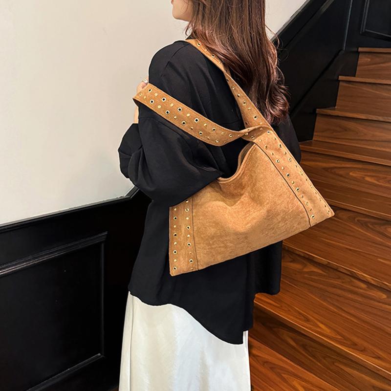Ретро Замшевые Сумки через Плечо с Заклепками, Рабочие Сумки из ПУ Кожи, Большая Сумка-Тоут, Мешковатая Сумка-Локомотив для Женщин, для Путешествий, Зима, Осень
