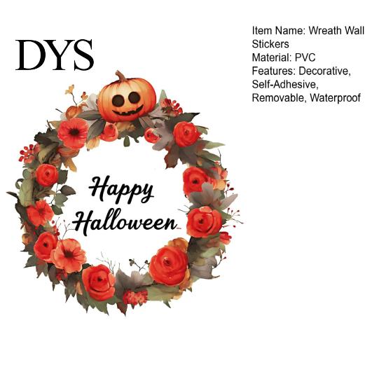 Creative Autumn Gift Ideas Halloween Wreath Wall Stickers, Happy Garland Decals, Retro Pumpkin Window Decals & Rose Waterproof PVC Decor for