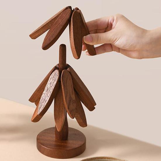 1 Set Christmas Tree Coaster with Base 4 Layers Tree Shape Wooden Trivet Anti-scald Heat