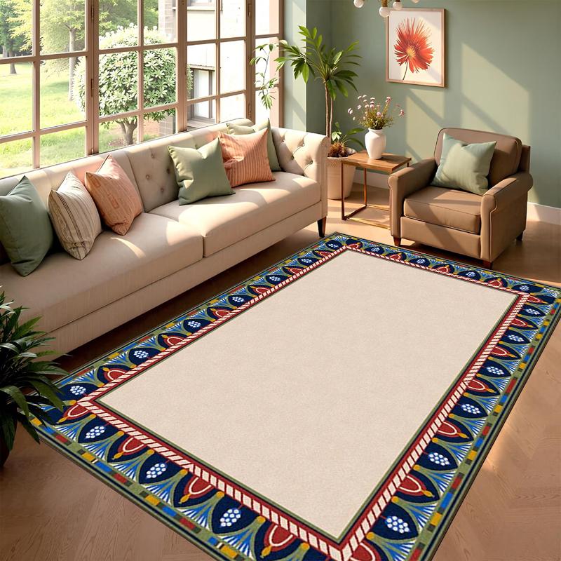 Bohemian Egyptian Lotus Border Rectangular Carpet Vintage Soft Decorative Floor Mat for Living Room Bedroom Home Decor