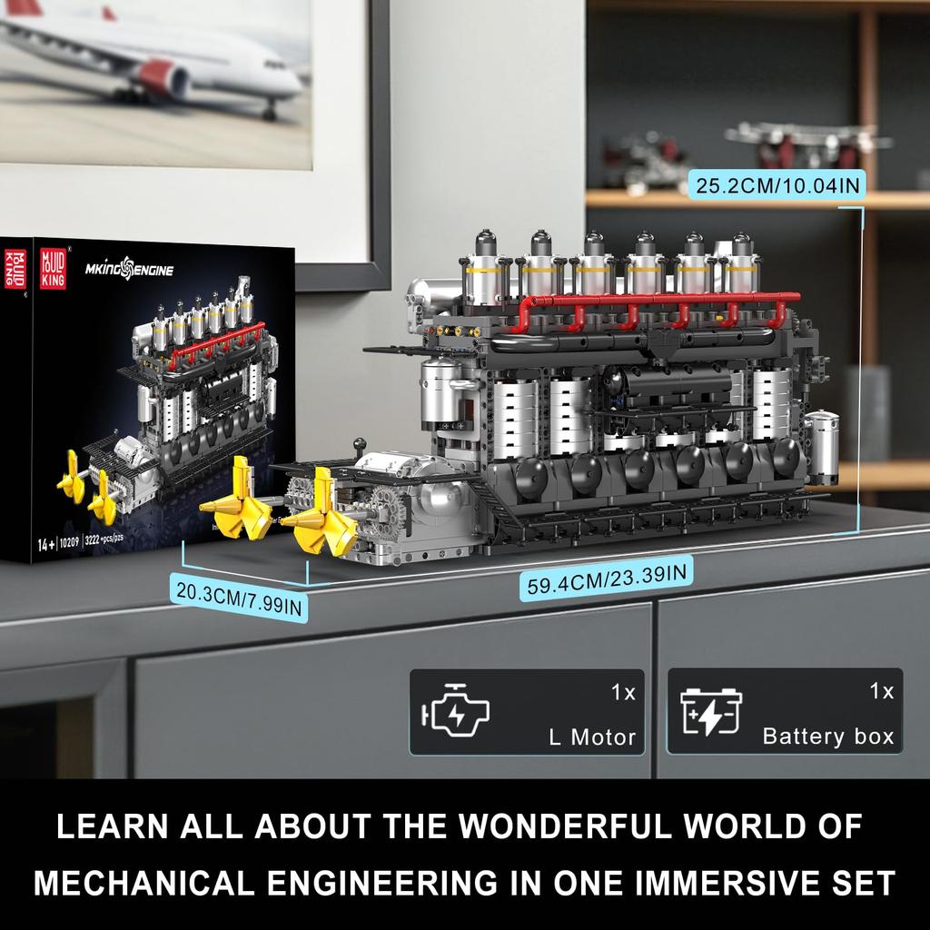 Mould King 10209 Строительные блоки двигателя авианосца с рядным расположением, для взрослых, высокая точность, идеально для коллекций, 6-цилиндровый (3222 штуки) - Модель,