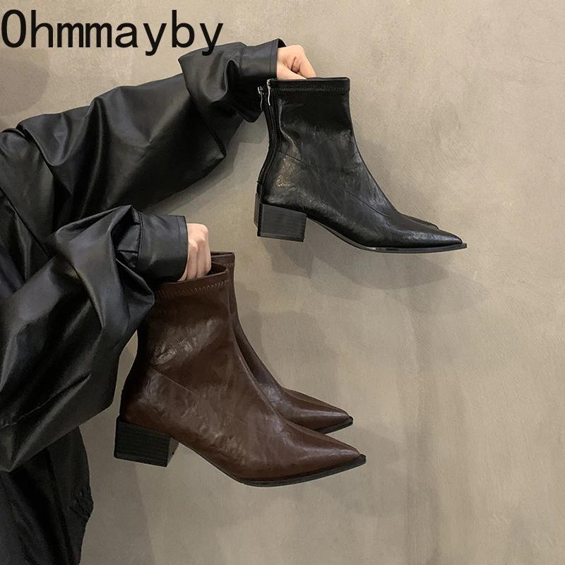 Дизайнерские женские ботильоны, модные, с острым носком, короткие, эластичные, осенне-зимние, женские, лаконичные, на толстом каблуке