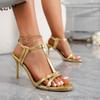 Gold T-Strap High Heels Open Toe Stiletto Buckle Strap Dress Shoes Elegant Party Sexy Patent Leather Dinner High Heels Summer