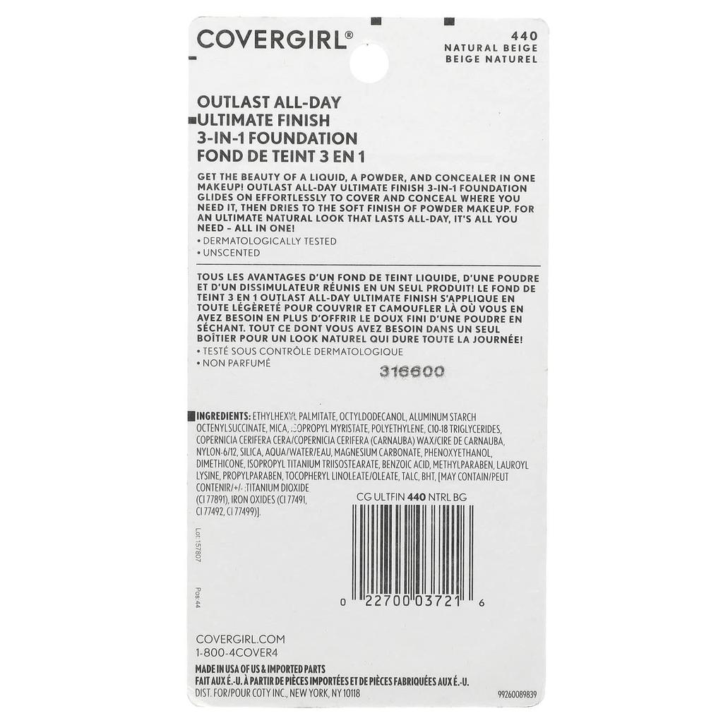 Covergirl Outlast All Day Ultimate Finish, 3-in-1 Foundation, 440 Natural Beige, 0.4 Oz (11 G)