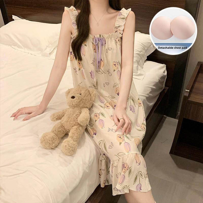 Women's Summer Pajamas - Cute Sweet Sling with Chest Pads, Medium/Long Loose Nightdress, Thin Home Wear