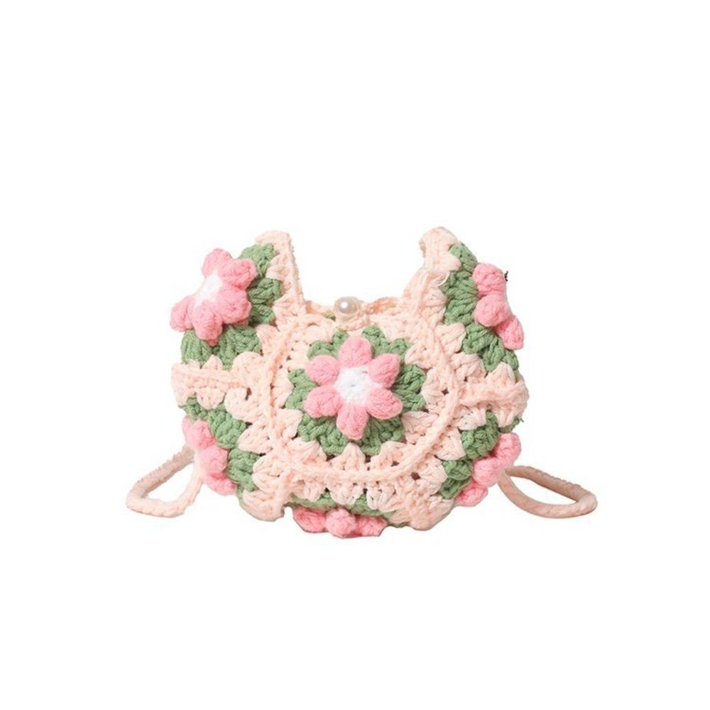 Sweet Handmade Crochet Crossbody Bag Flower Pattern Fabric Yarn Small Change Purse Knitted Shoulder Bag