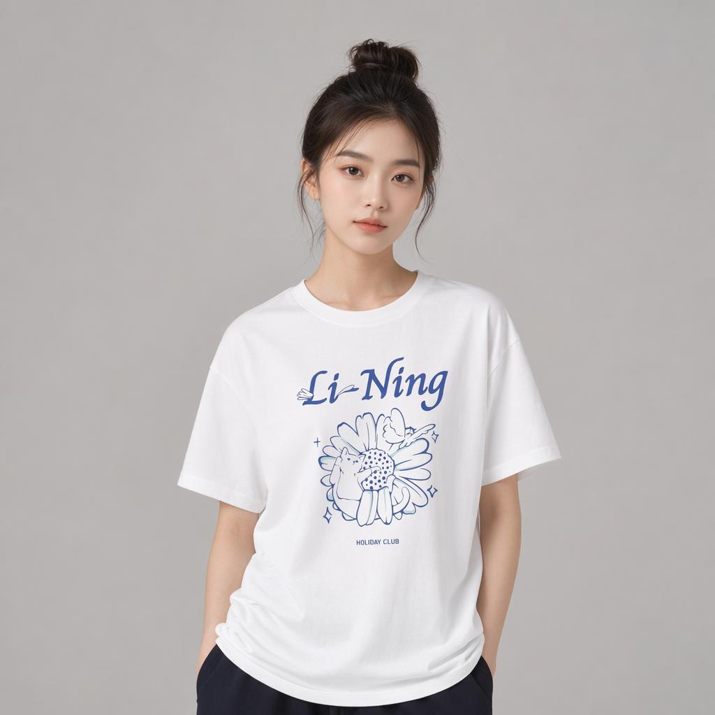 Li Ning Спортивный Стиль Жизни Серия Круглый Вырез Свободный Принт с Буквами Повседневная Универсальная Короткий Рукав Футболка Женские Футболки ATSW314-8