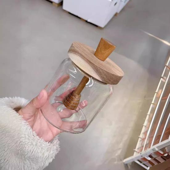 Glass Honey Jar 400ml Transparent Sealed Tank with Wooden Lid Dip Sticks Airtight Canister Syrup Dispenser for Home Kitchen Bar