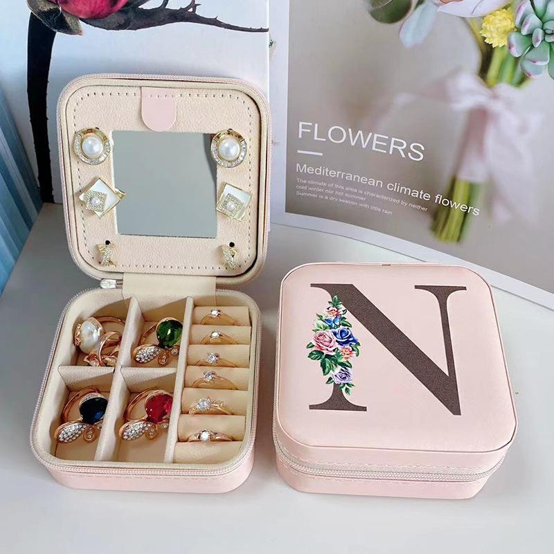 PU Jewelry Box Storage Mirror Box 26 Printed Letter Jewelry Box Portable Jewelry Storage Box Earring Ring Box