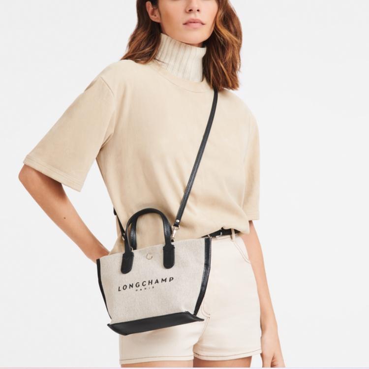 Longchamp Базовая хлопковая холщовая сумка-тоут с принтом логотипа и застежкой-кнопкой Женские сумки-тоут Бежевый Черный 10259HSG037