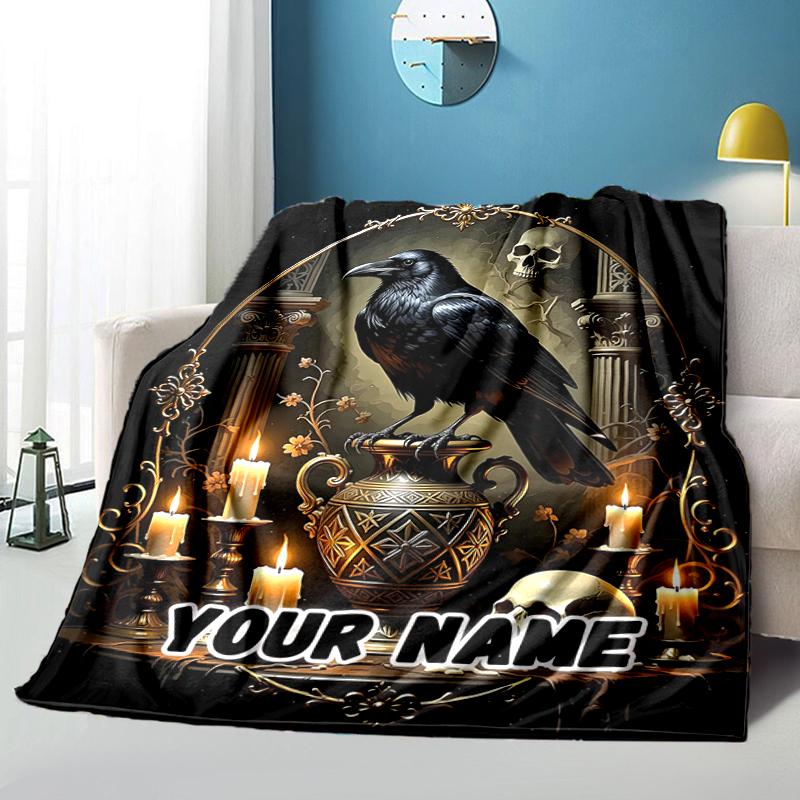 1PC Custom Name Ethereal Raven Skull flannel blanket versatile,all-season throw suitable for the living room,bedroom,camping,travel,and gift