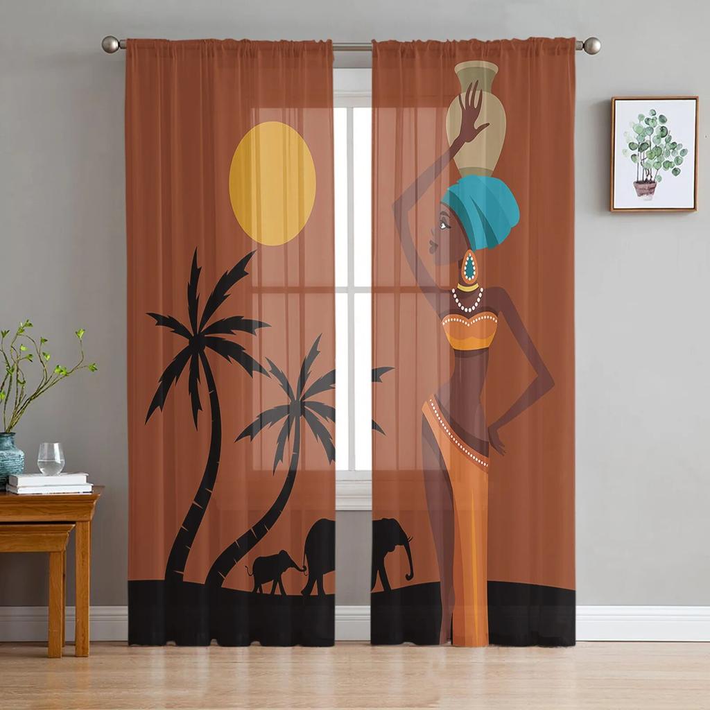 Africa Tribe Women Sunset Tulle Curtains Living Room Kitchen Chiffon Curtain Bedroom Balcony Sheer Curtain Fashion Home Decor