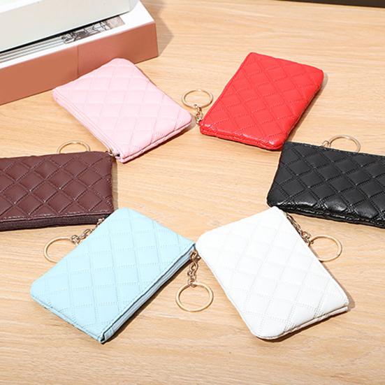 Women Wallet Portable Mini Faux Leather Smooth Zipper Key Ring Cards Holder