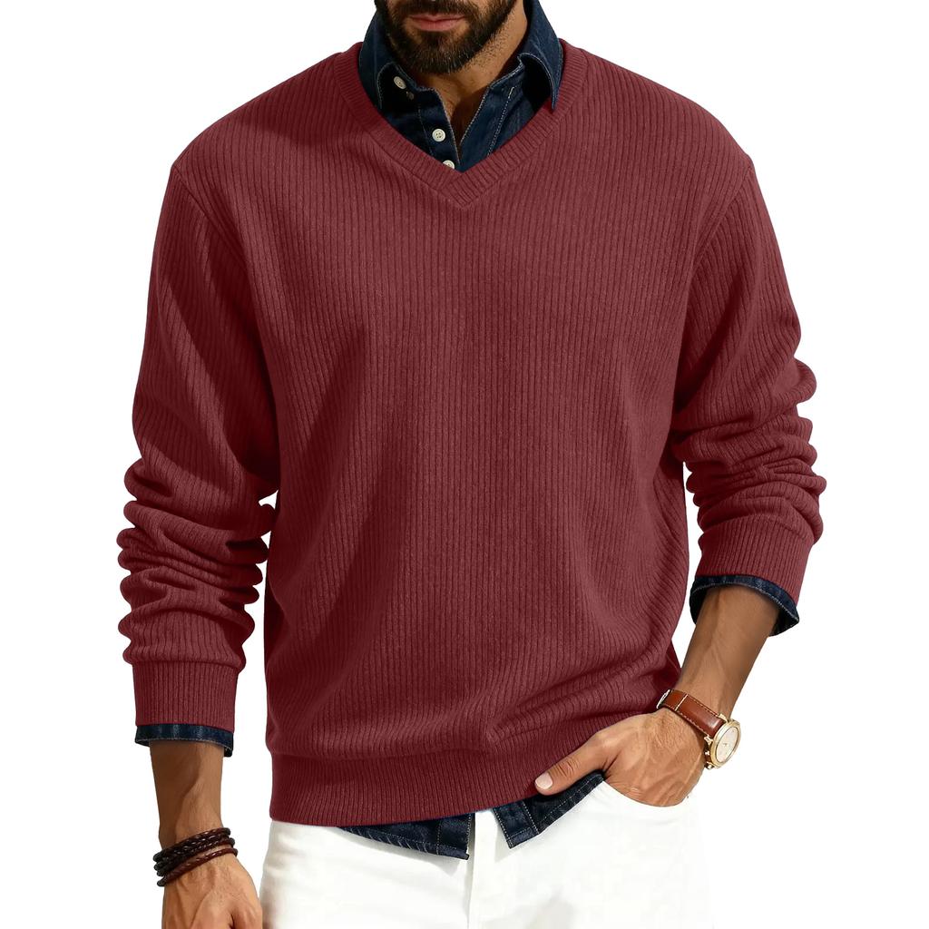 Men's V-neck Long-sleeved Ribbed Knit Pullover