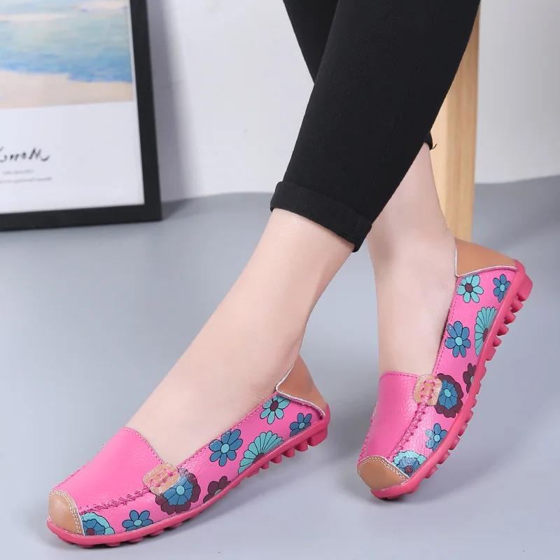 Women Flats Shoes 2025 New Fashion Ballet Summer Flower Print Women Shoes Genuine Leathe Loafers Ladies Flats Shoes Women