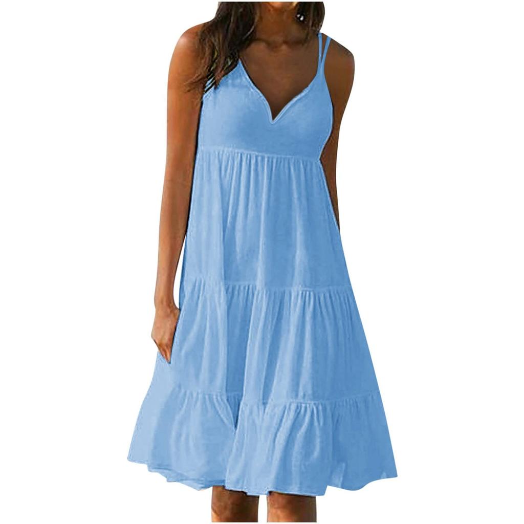 Женское пляжное платье для летних каникул, элегантное однотонное платье с v-образным вырезом на бретельках, повседневное вечернее платье-комбинация