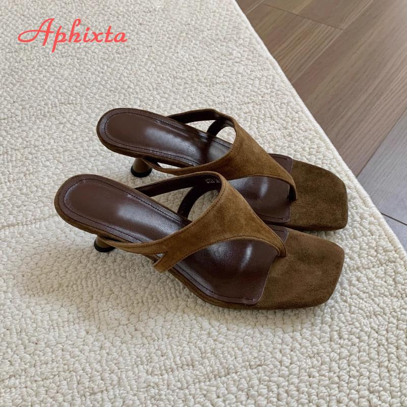 Aphixta Женские классические шлепанцы из коровьей замши на тонком каблуке, тапочки для женщин, летние пляжные сандалии, уличные вьетнамки, женская обувь