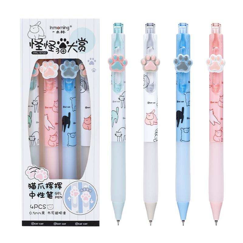 4 Pcs/Set Cute Cat Paw Gel Ink Pen Smooth 0.5mm Black Gel Pens for Student Exam Study Writing Office Signature Stationery
