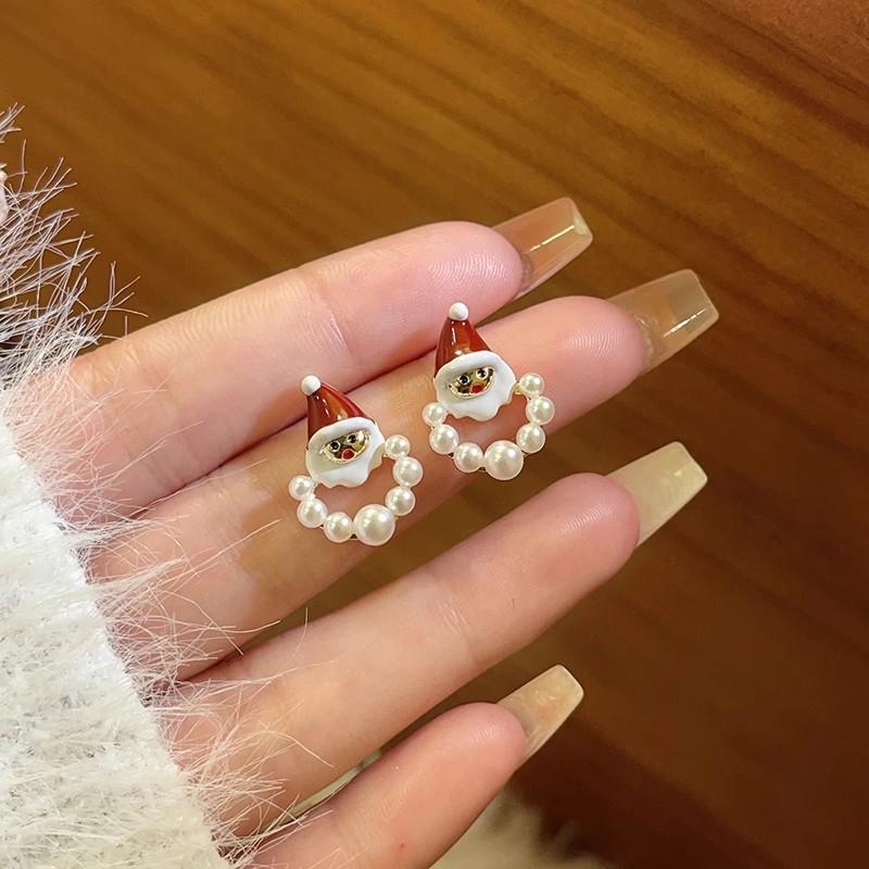 New Trendy Santa Claus Stud Earrings for Women Imitation Pearl Beads Hollow Round Small Earrings Christmas Day Ear Jewelry
