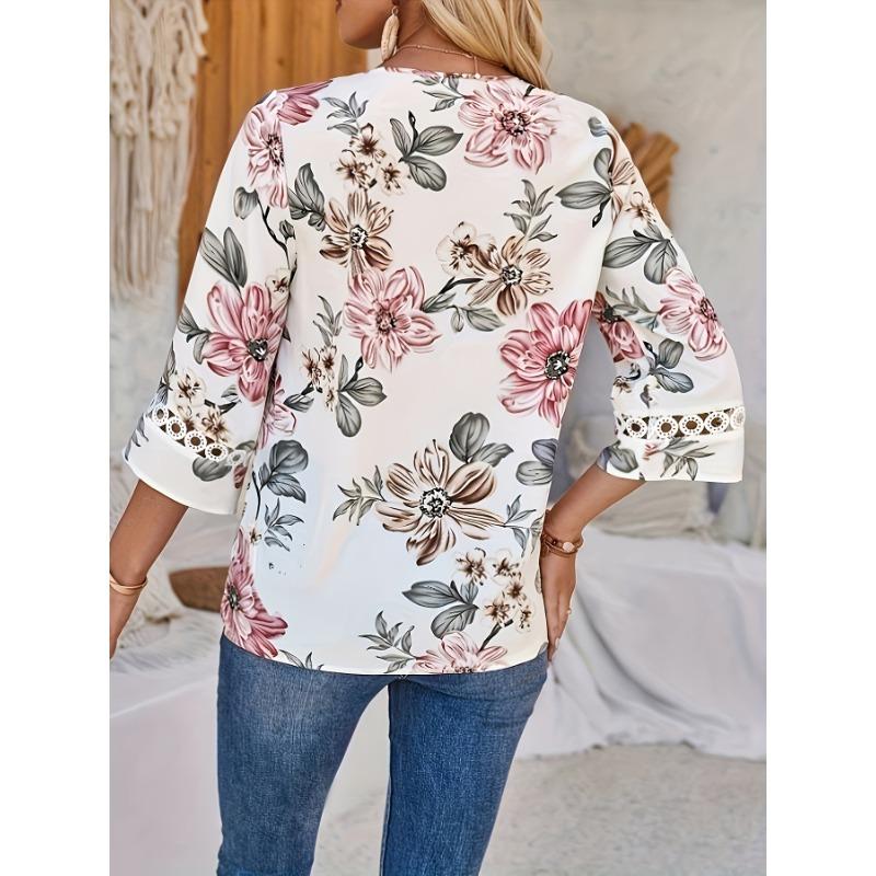 YYFS Женские модные повседневные летние весенние блузки и рубашки с цветочным узором и рукавами 3/4 с v-образным вырезом