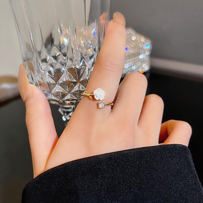 Korean Camellia Zircon Ring: Adjustable Open Design