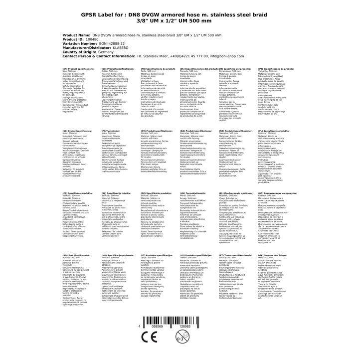 Tuyau Flexible Inox DN8, 3/8" 1/2", 500mm, Certification DVGW