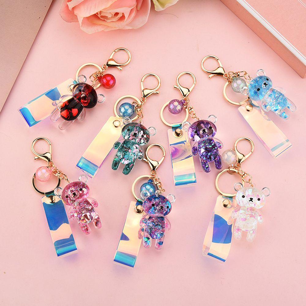 Car Charm Cartoon Backpack Pendant Acrylic Key Fob Liquid Keyring Glitter Bear Quicksand Keyring