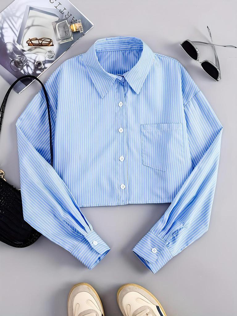 Женский полосатый укороченный кардиган-рубашка с длинным рукавом AMIANCIENT, Американский стиль " Spicy Girl", Синий топ