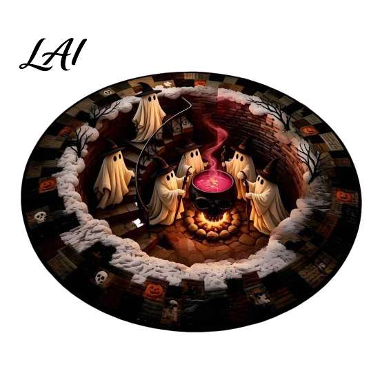 Durable Area Rug 3D Haunted Staircase Rug Halloween Ghost Stair Round Carpet with Anti-slip Backing Floor Mat for Living Room Bedroom Bathroom