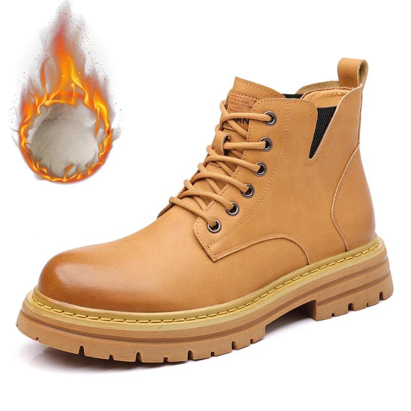 Модные осенне-зимние кожаные ботинки на платформе для мужчин в стиле ретро, дизайнерские мужские ботинки из хлопка с мягкой подошвой, модные нескользящие полусапожки для мужчин